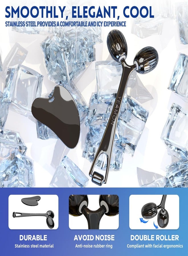 Yeamon Gua Sha Facial Tools and Face Roller Set, Facial Massage Tool for Women’s Skincare Routine,Cooling Stainless Steel Face Sculpting Eyes Roller Guasha for Daily Use or Self-Care Gift for Women - Image 2